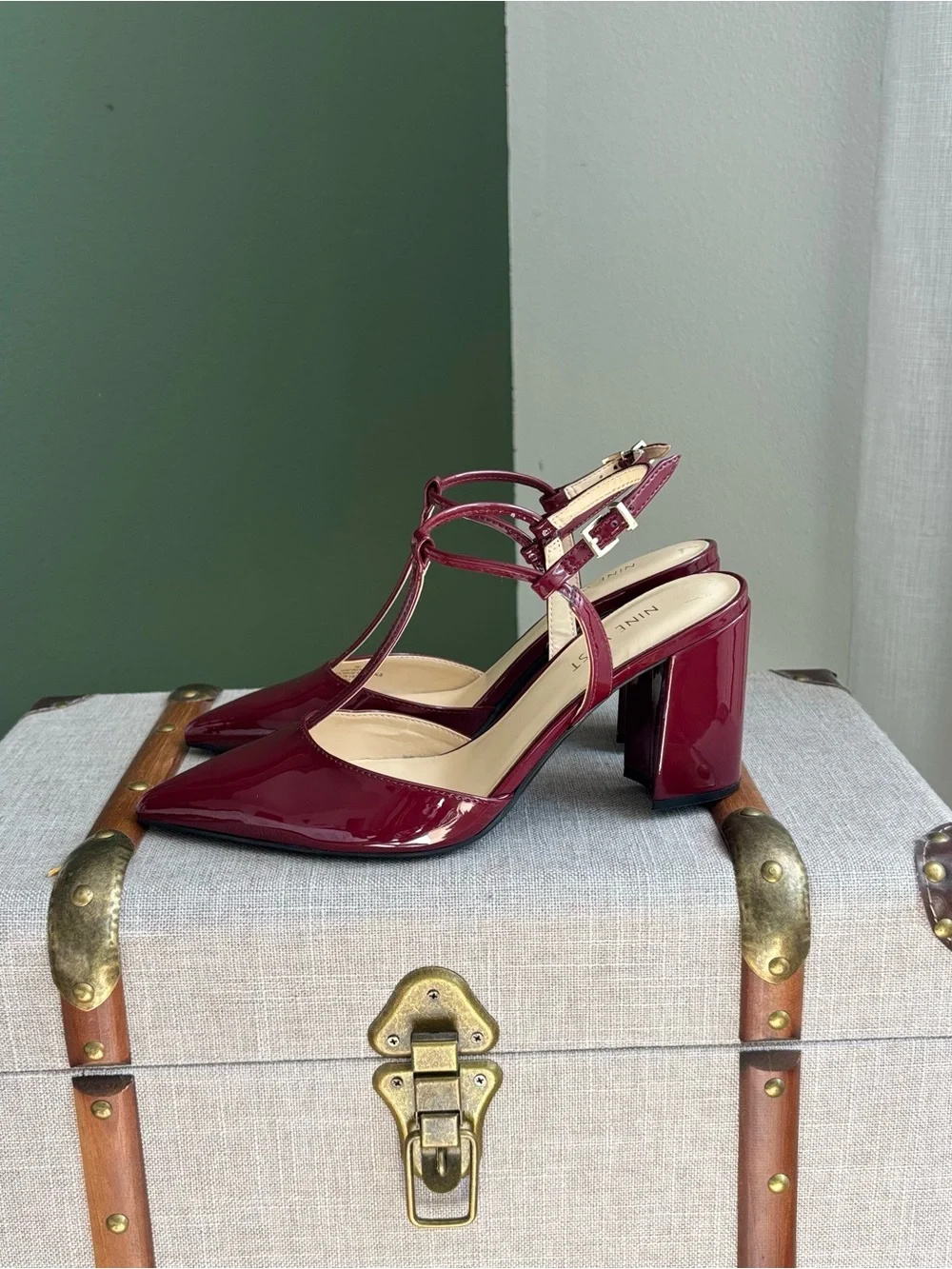Nine West Burgundy Patent Leather T-Strap Pointed Heels